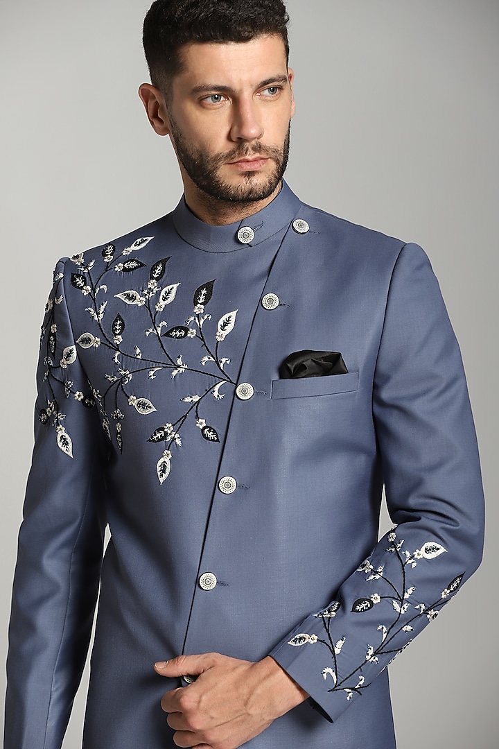 Blue Cotton Silk Embroidered Indo-Western Set by Bhavya Bhasin at Pernia's Pop Up Shop