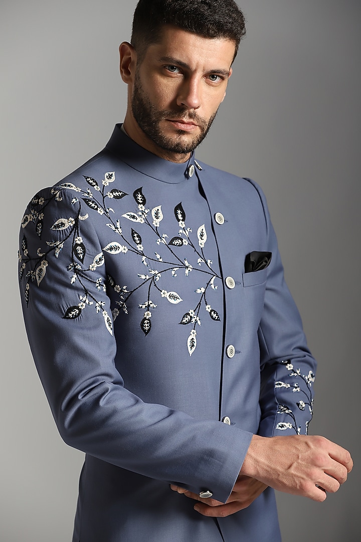 Blue Cotton Silk Embroidered Indo-Western Set by Bhavya Bhasin at Pernia's Pop Up Shop