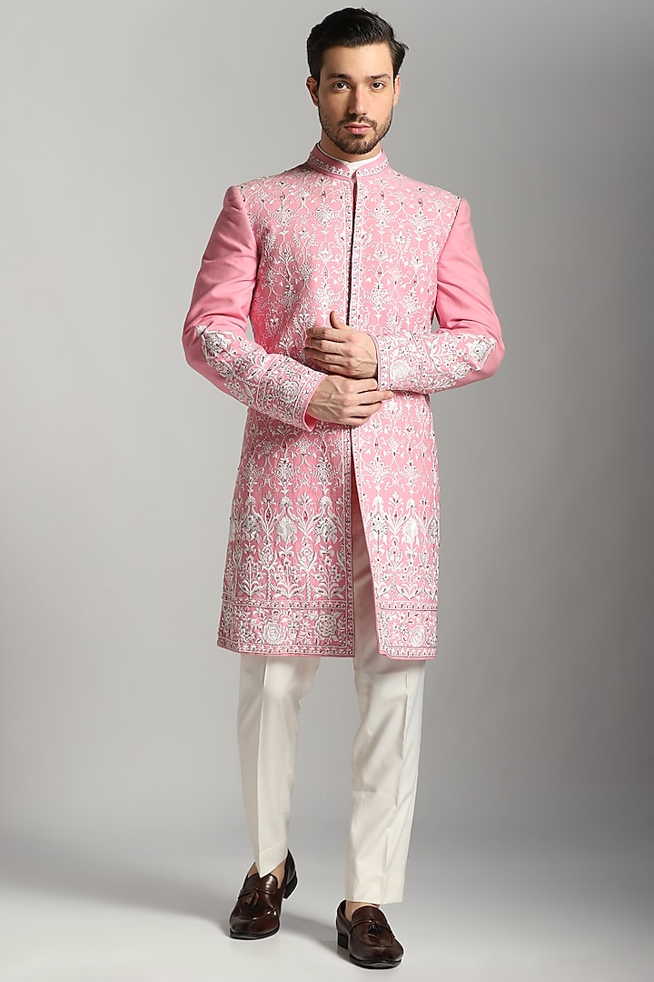 Pink Cotton Poly Embroidered Indowestern Set by Bhavya Bhasin
