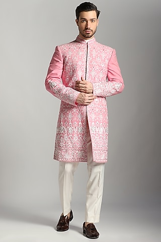 Pink Cotton Poly Embroidered Indowestern Set by Bhavya Bhasin