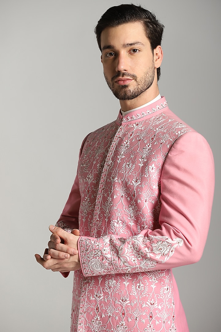Pink Cotton Poly Embroidered Wedding Indowestern Set by Bhavya Bhasin at Pernia's Pop Up Shop