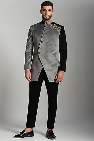 Grey Black Cotton Velvet Embroidered Indo-Western Set by Bhavya Bhasin