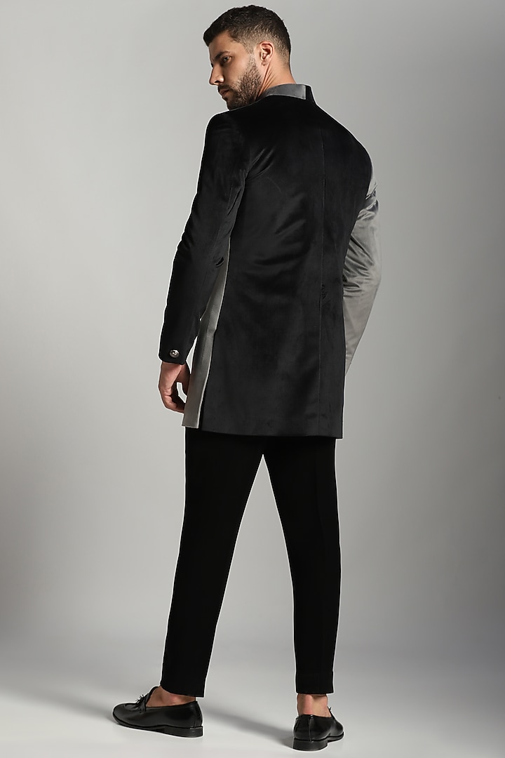 Grey Black Cotton Velvet Embroidered Indo-Western Set by Bhavya Bhasin at Pernia's Pop Up Shop