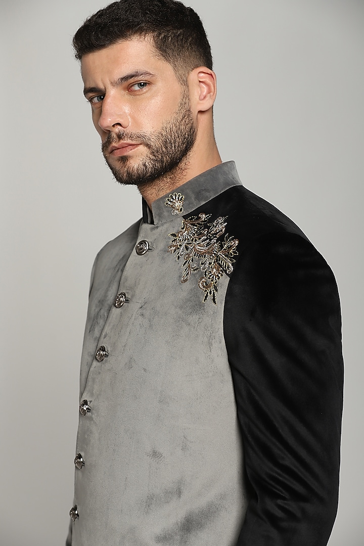 Grey Black Cotton Velvet Embroidered Indo-Western Set by Bhavya Bhasin at Pernia's Pop Up Shop