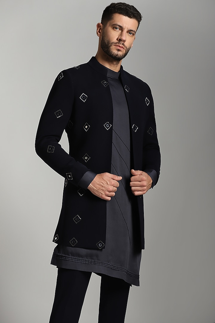 Navy Blue Cotton Modal & Poly Fibre Embroidered Indo-Western Set by Bhavya Bhasin at Pernia's Pop Up Shop