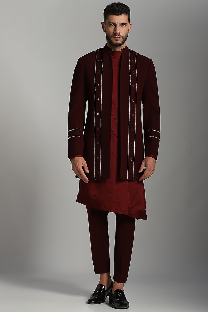 Maroon Cotton Modal & Poly Fibre Embroidered Indo-Western Set by Bhavya Bhasin