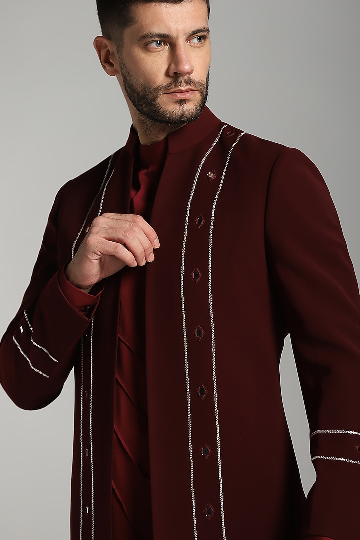 Maroon Cotton Modal & Poly Fibre Embroidered Indo-Western Set by Bhavya Bhasin at Pernia's Pop Up Shop
