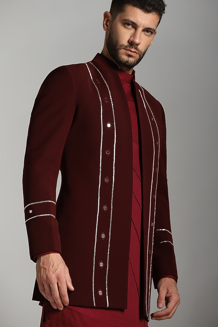 Maroon Cotton Modal & Poly Fibre Embroidered Indo-Western Set by Bhavya Bhasin at Pernia's Pop Up Shop