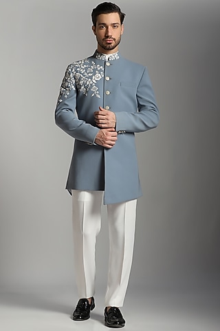 Grey Poly Fibre Embroidered Indo-Western Set by Bhavya Bhasin