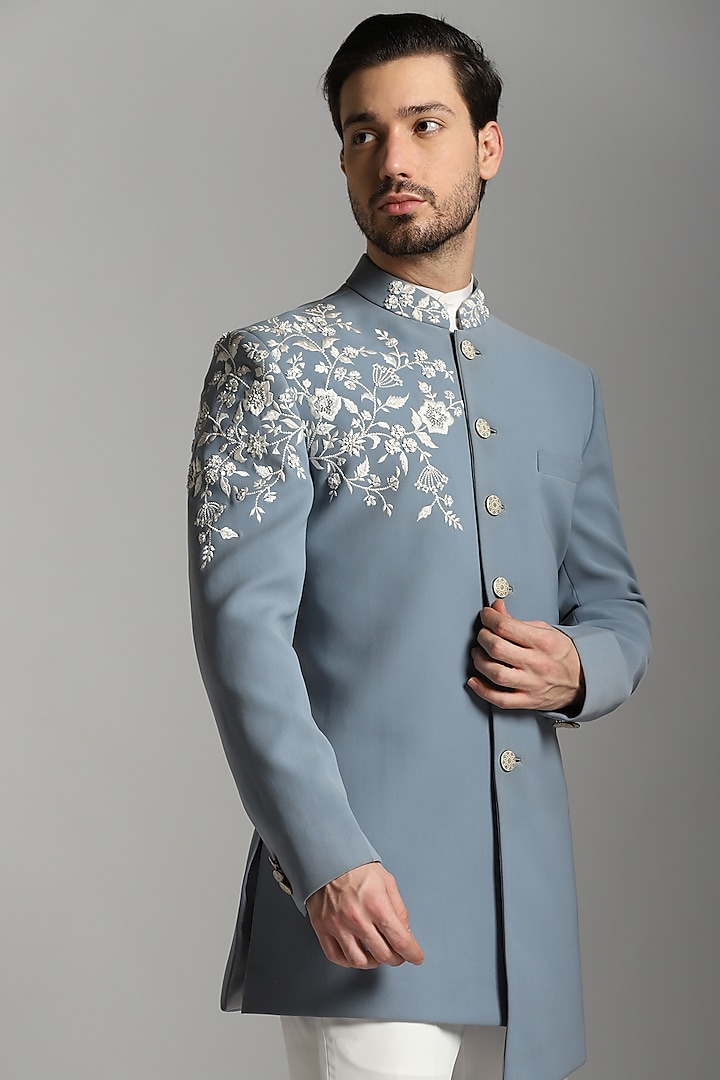 Grey Poly Fibre Embroidered Indo-Western Set by Bhavya Bhasin at Pernia's Pop Up Shop