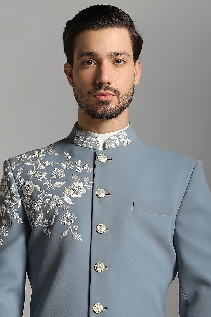 Grey Poly Fibre Embroidered Indo-Western Set by Bhavya Bhasin at Pernia's Pop Up Shop
