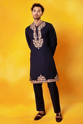 Blue Suiting Embroidered Kurta Set by Bhavya Bhasin