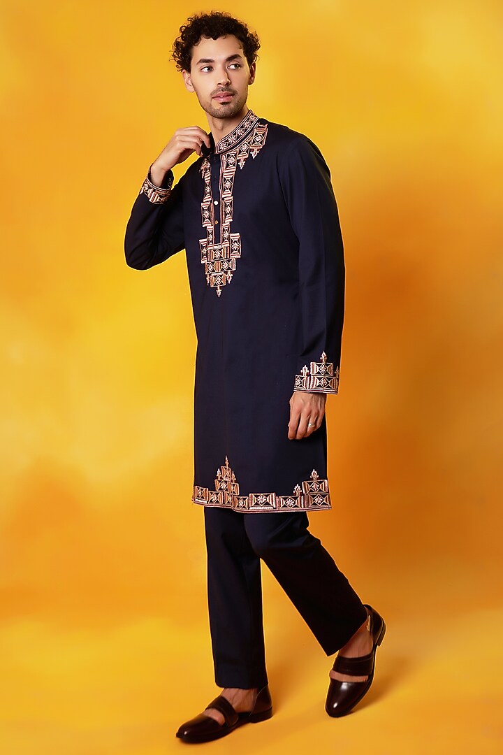 Blue Suiting Embroidered Kurta Set by Bhavya Bhasin at Pernia's Pop Up Shop