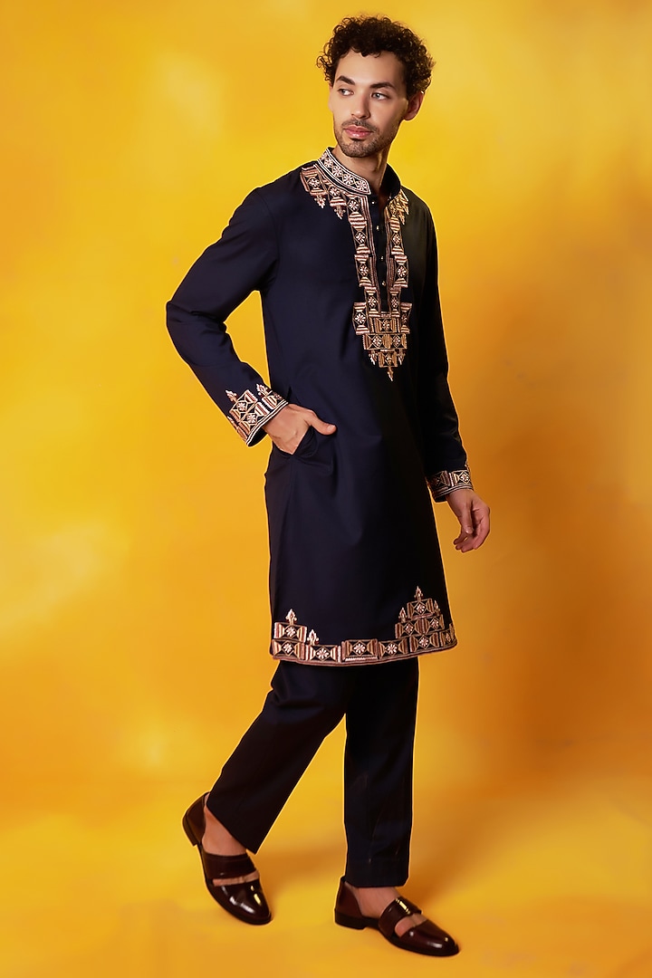 Blue Suiting Embroidered Kurta Set by Bhavya Bhasin at Pernia's Pop Up Shop