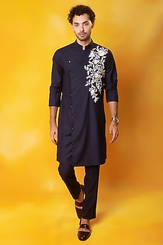 Blue Matka Silk Embroidered Angrakha Kurta Set by Bhavya Bhasin