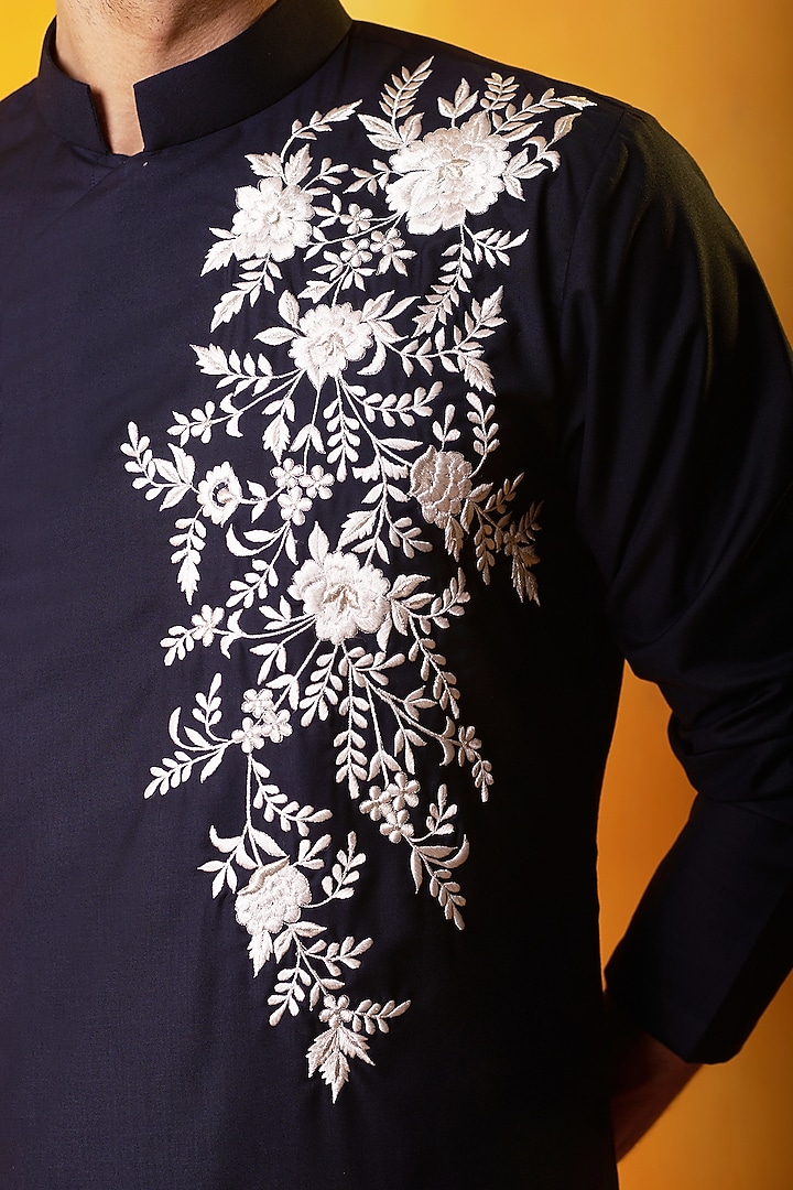 Blue Matka Silk Embroidered Angrakha Kurta Set by Bhavya Bhasin at Pernia's Pop Up Shop
