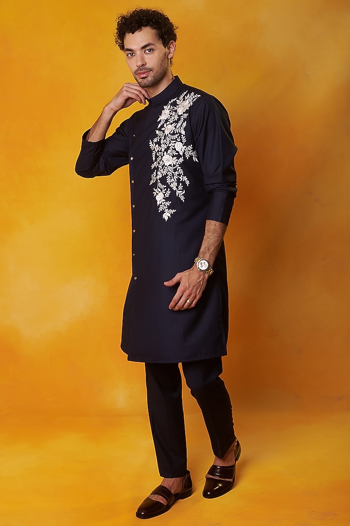 Blue Matka Silk Embroidered Angrakha Kurta Set by Bhavya Bhasin at Pernia's Pop Up Shop