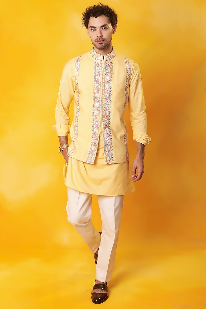 Yellow Matka Silk Embroidered Nehru Jacket Set by Bhavya Bhasin at Pernia's Pop Up Shop