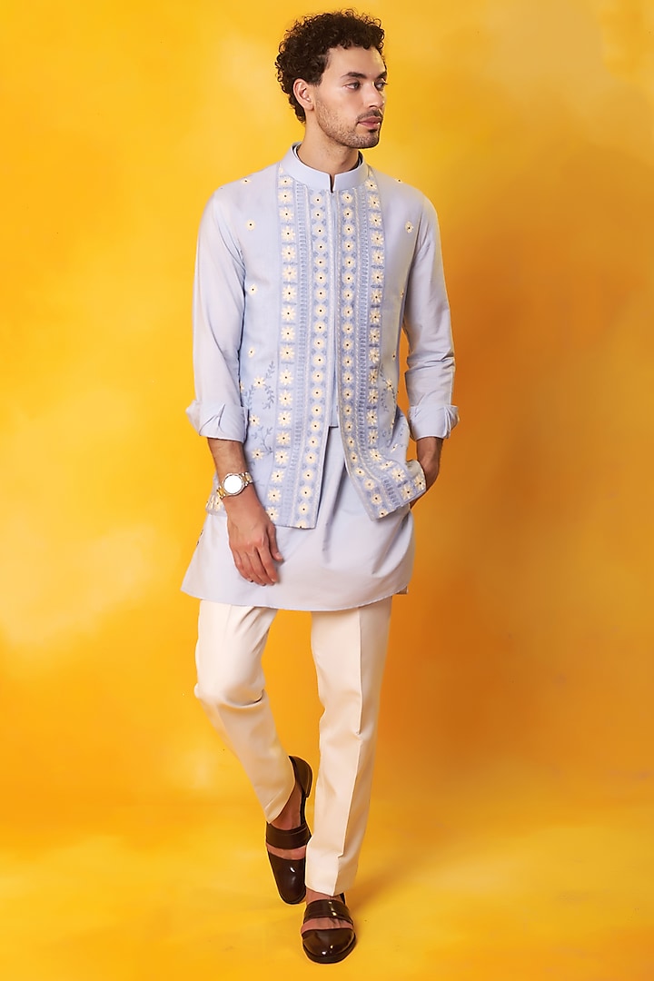 Sky Blue Matka Silk Embroidered Nehru Jacket Set by Bhavya Bhasin