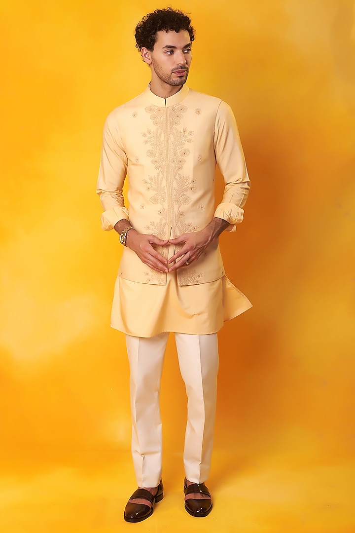 Peach Matka Silk Embroidered Nehru Jacket Set by Bhavya Bhasin