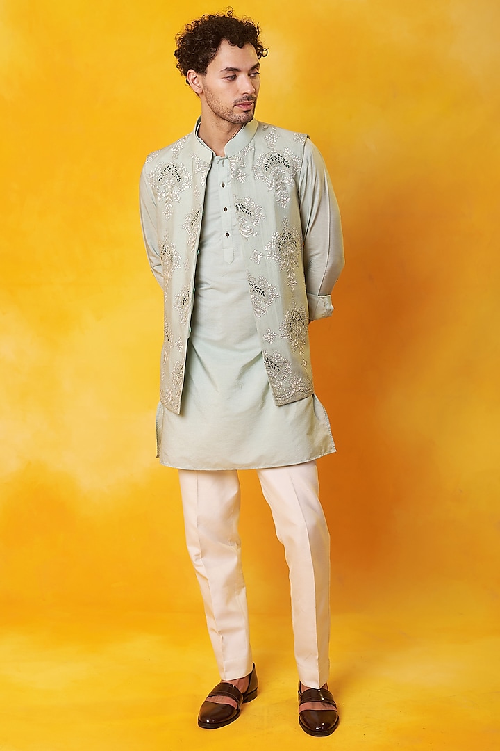 Grey Matka Silk Dori Embroidered Nehru Jacket Set by Bhavya Bhasin