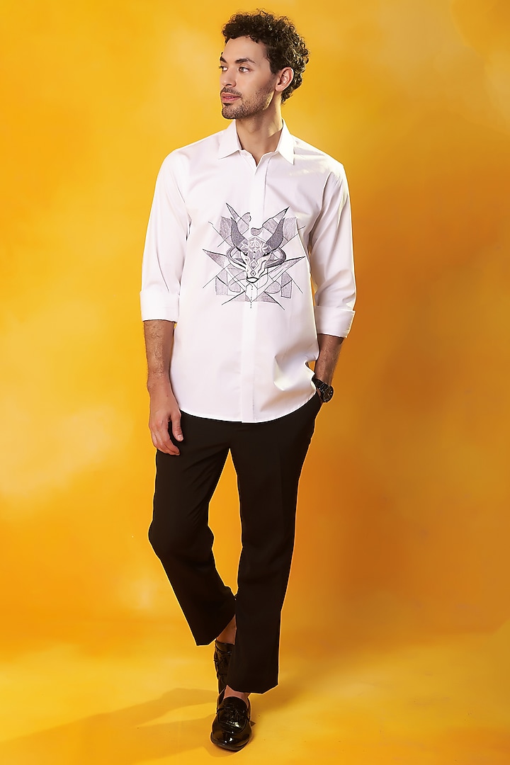 White Premium Cotton Embroidered Shirt by Bhavya Bhasin