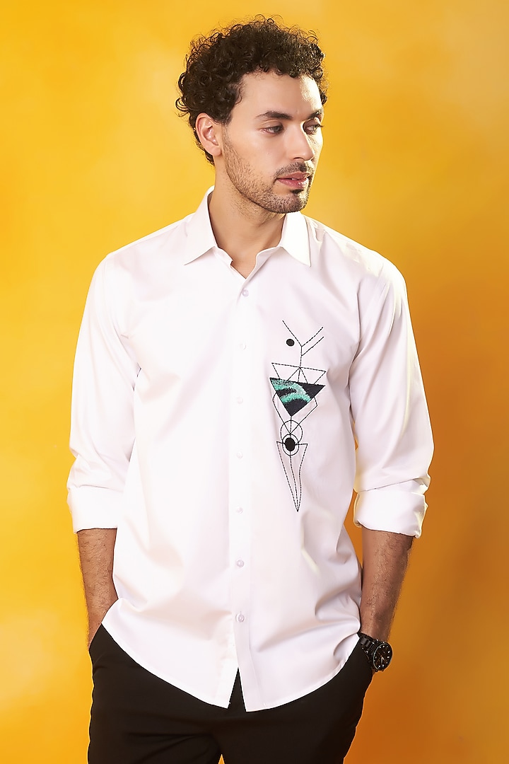 White Premium Cotton Abstract Embroidered Shirt by Bhavya Bhasin