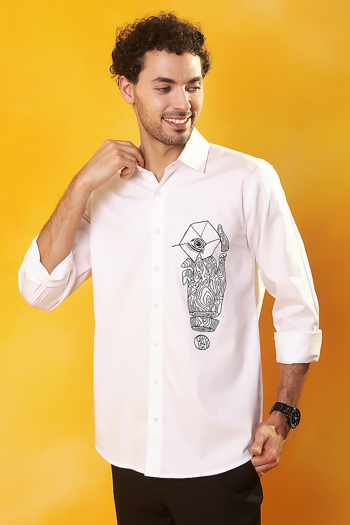 White Premium Cotton Machine Embroidered Shirt by Bhavya Bhasin