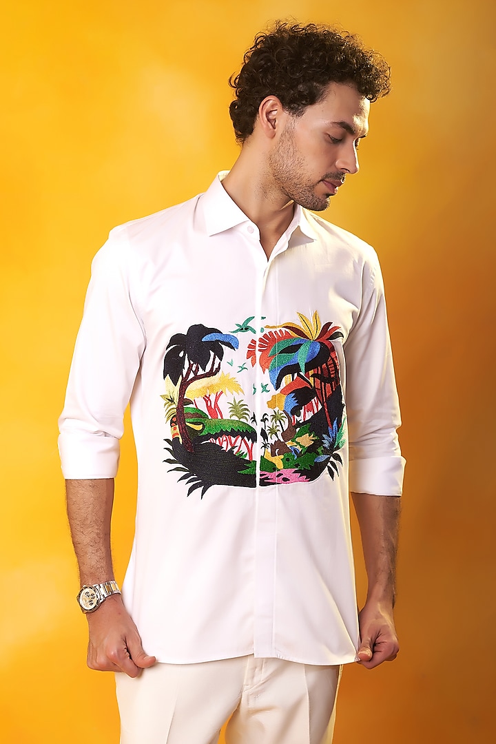 White Premium Cotton Embroidered Shirt by Bhavya Bhasin