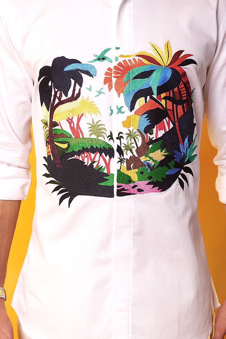 White Premium Cotton Embroidered Party Wear Shirt by Bhavya Bhasin at Pernia's Pop Up Shop