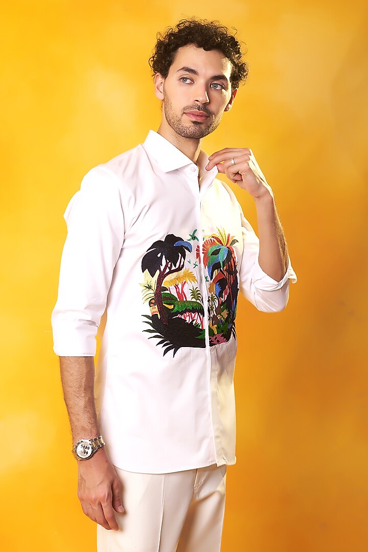 White Premium Cotton Embroidered Party Wear Shirt by Bhavya Bhasin at Pernia's Pop Up Shop