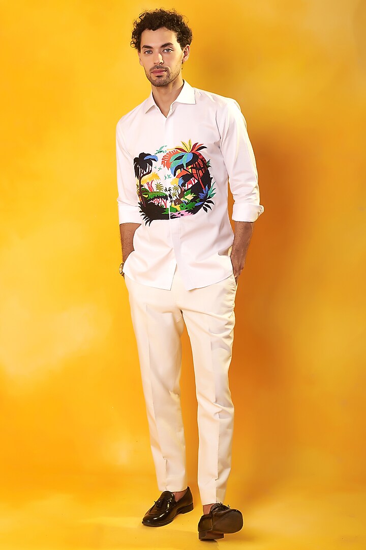 White Premium Cotton Embroidered Party Wear Shirt by Bhavya Bhasin at Pernia's Pop Up Shop