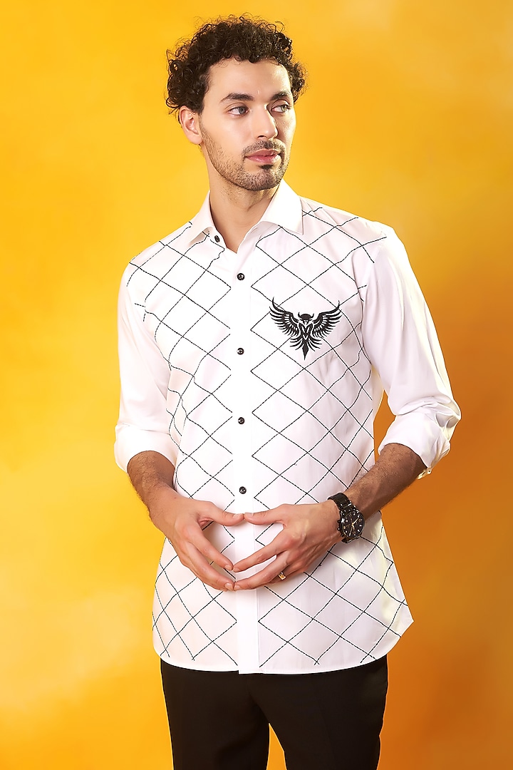 White Premium Cotton Embroidered Shirt by Bhavya Bhasin