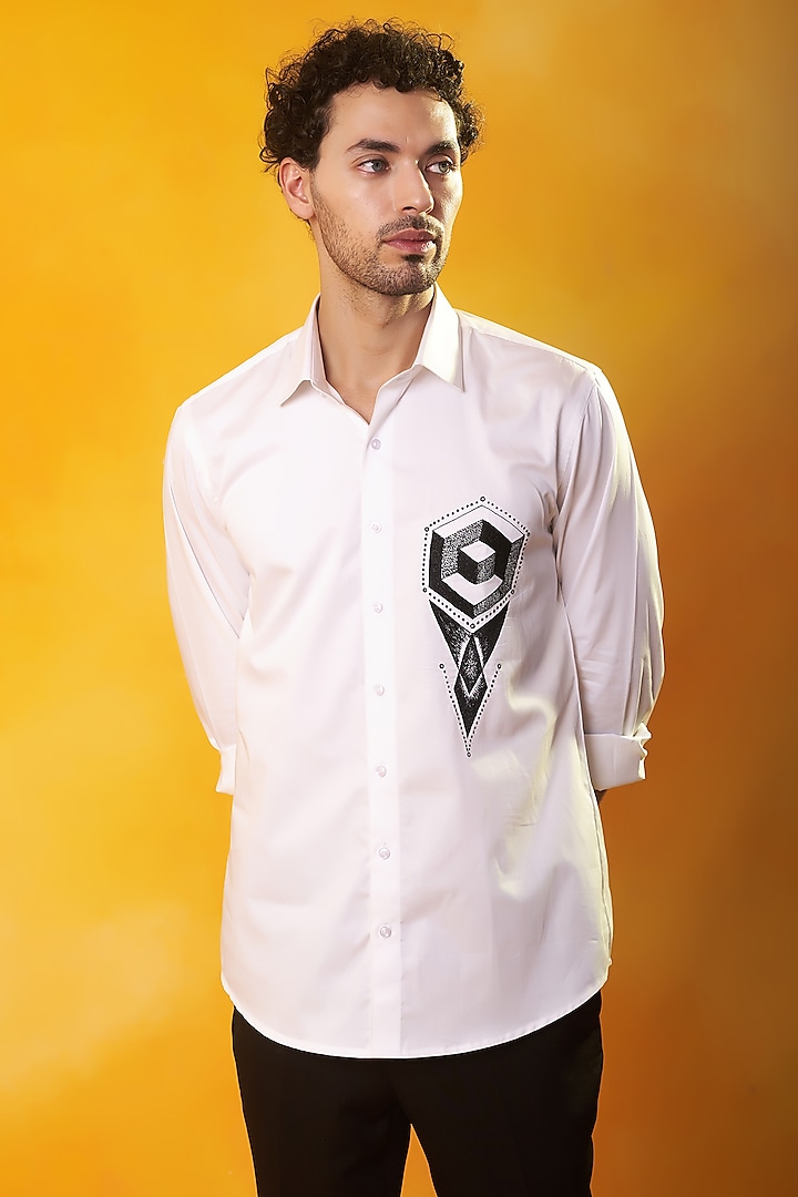 White Premium Cotton Abstract Embroidered Shirt by Bhavya Bhasin