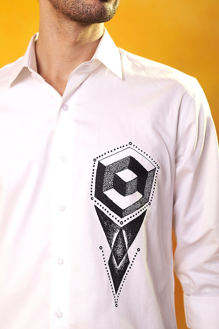 White Premium Cotton Abstract Embroidered Summer Shirt by Bhavya Bhasin at Pernia's Pop Up Shop