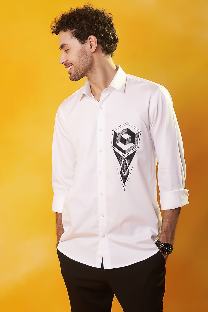 White Premium Cotton Abstract Embroidered Summer Shirt by Bhavya Bhasin at Pernia's Pop Up Shop