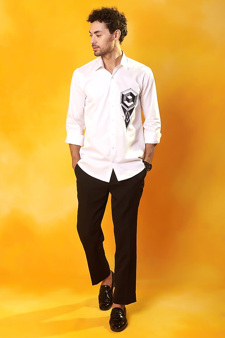 White Premium Cotton Abstract Embroidered Summer Shirt by Bhavya Bhasin at Pernia's Pop Up Shop
