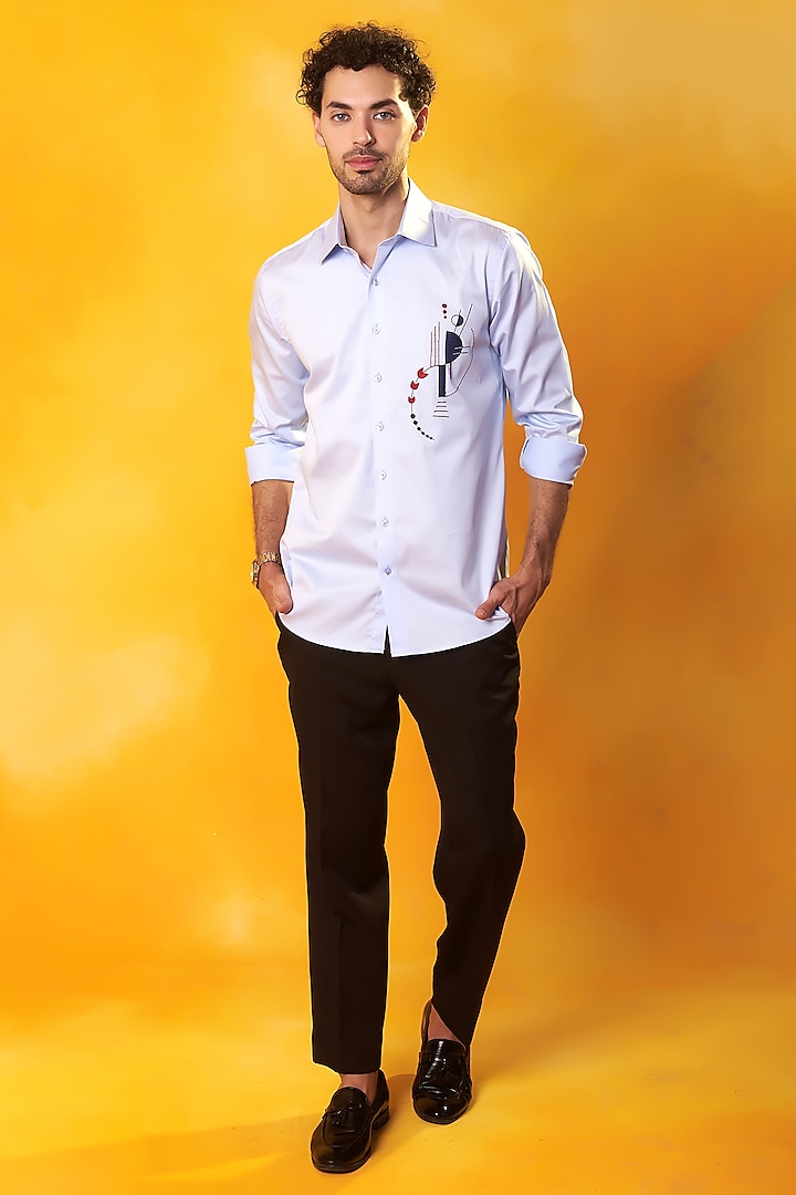 Sky Blue Premium Cotton Abstract Embroidered Shirt by Bhavya Bhasin