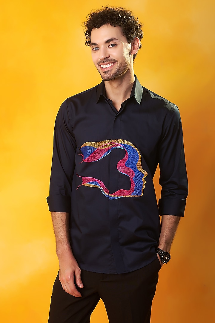 Navy Blue Premium Cotton Embroidered Shirt by Bhavya Bhasin