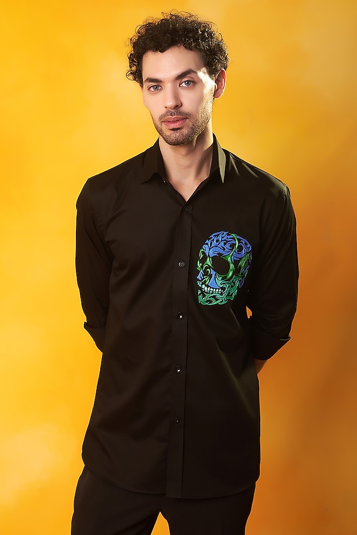 Black Premium Cotton Embroidered Shirt by Bhavya Bhasin