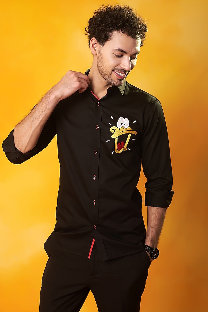 Black Premium Cotton Embroidered Shirt by Bhavya Bhasin