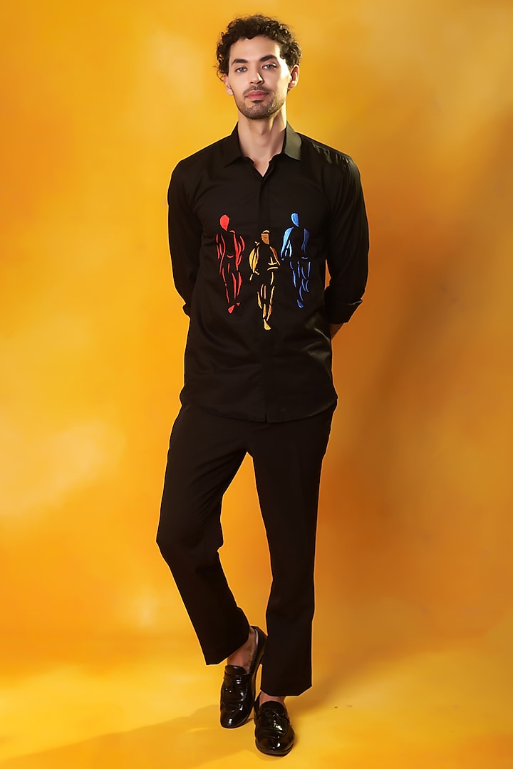 Black Premium Cotton Embroidered Shirt by Bhavya Bhasin