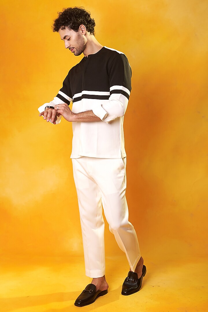 White & Black Banana Crepe Co-Ord Set by Bhavya Bhasin at Pernia's Pop Up Shop