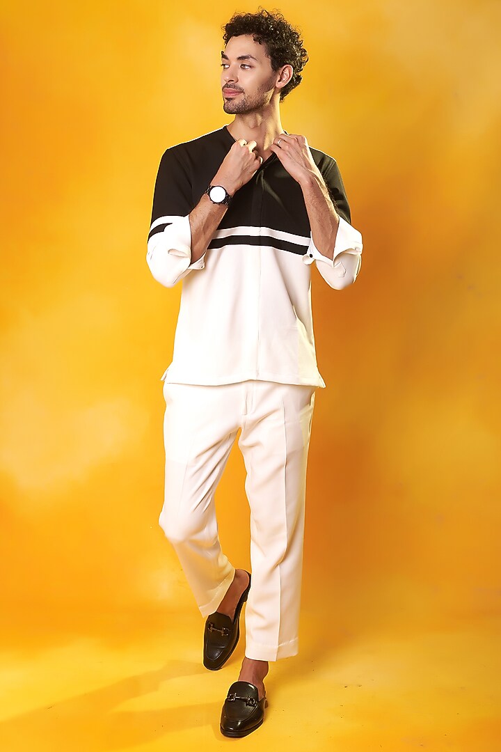 White & Black Banana Crepe Co-Ord Set by Bhavya Bhasin at Pernia's Pop Up Shop