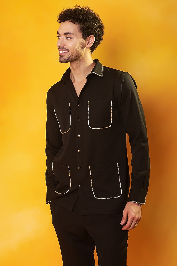 Black Banana Crepe Embroidered Co-Ord Set by Bhavya Bhasin at Pernia's Pop Up Shop