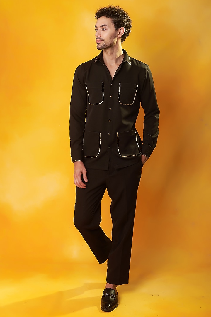 Black Banana Crepe Embroidered Co-Ord Set by Bhavya Bhasin at Pernia's Pop Up Shop