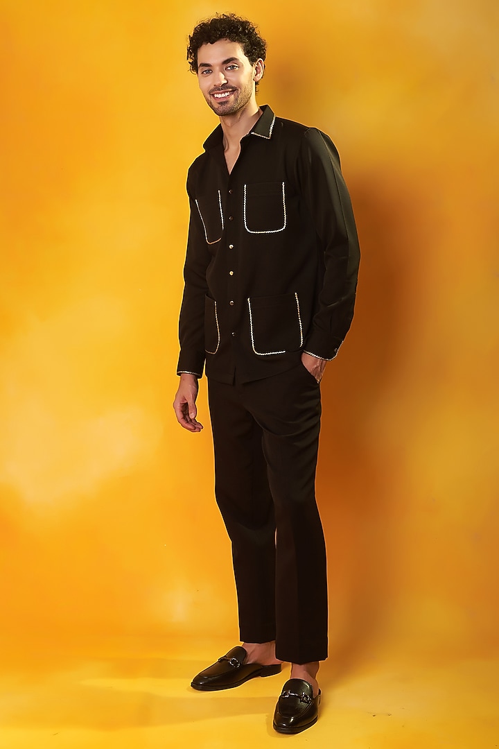 Black Banana Crepe Embroidered Co-Ord Set by Bhavya Bhasin at Pernia's Pop Up Shop