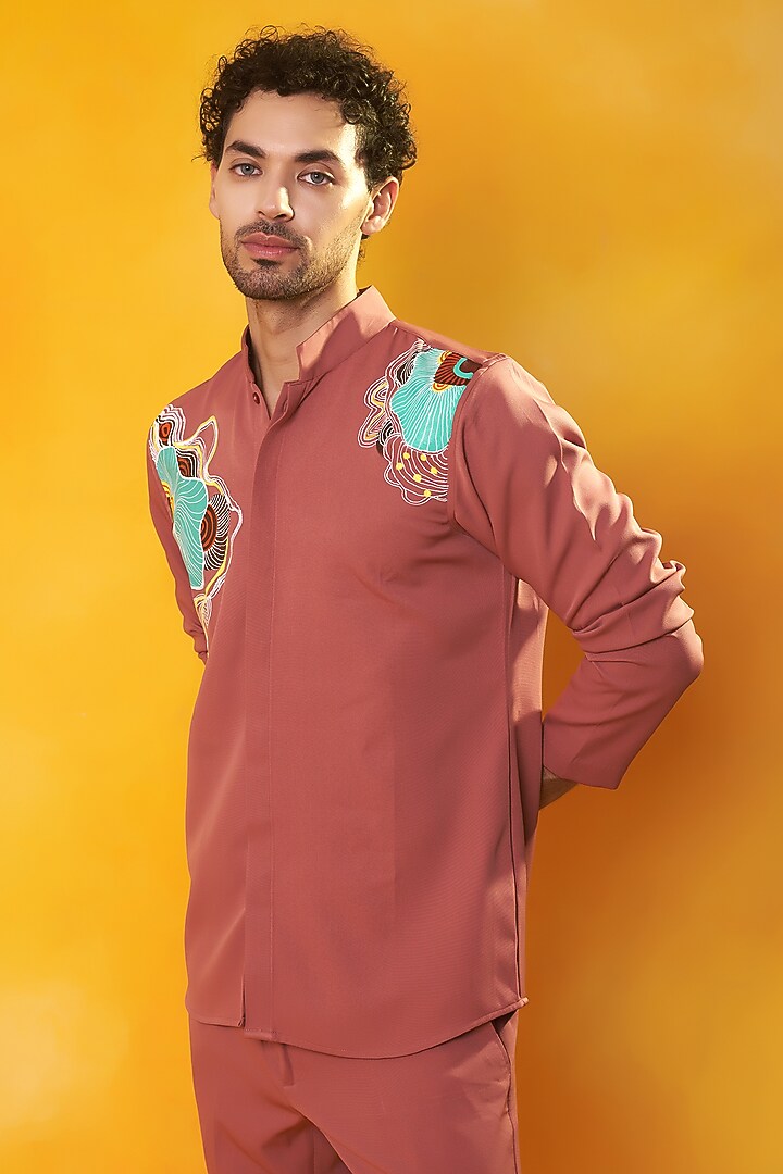 Carrot Pink Banana Crepe Hand Painted Co-Ord Set by Bhavya Bhasin at Pernia's Pop Up Shop