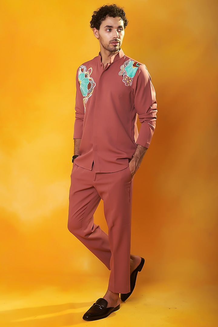 Carrot Pink Banana Crepe Hand Painted Co-Ord Set by Bhavya Bhasin at Pernia's Pop Up Shop