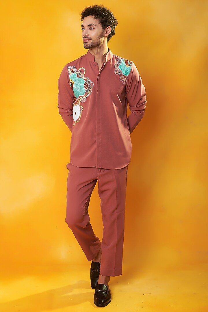 Carrot Pink Banana Crepe Hand Painted Co-Ord Set by Bhavya Bhasin at Pernia's Pop Up Shop